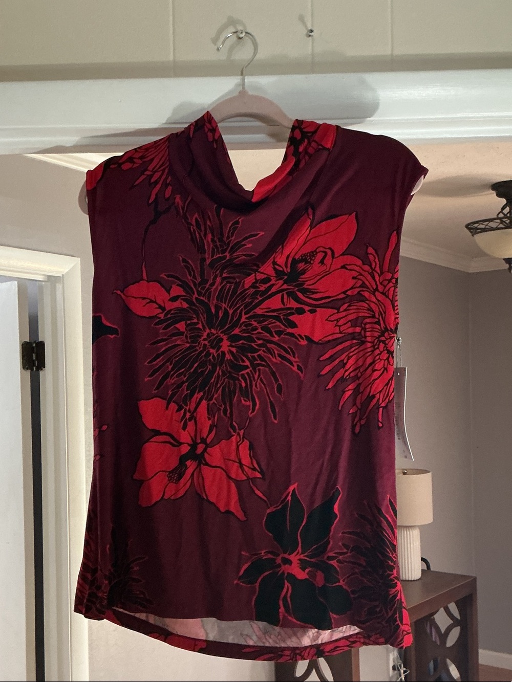 Liz Claiborne Maroon Top with Red and Black Floral Print